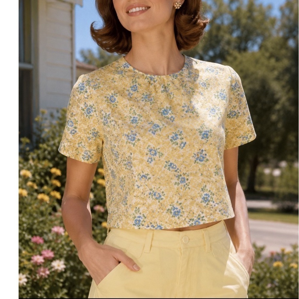 Vtg‎ 60's Floral Damask Crop Top Short Sleeve Blue Yellow Zipper Back Blouse